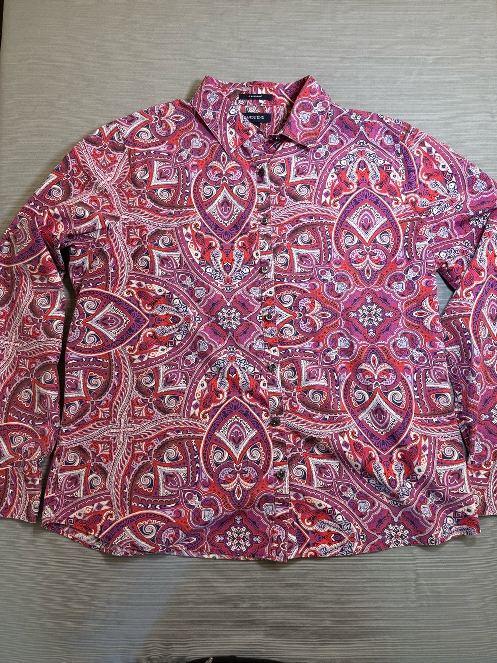 Lands' End Pink and Purple Paisley Button-Up Blouse